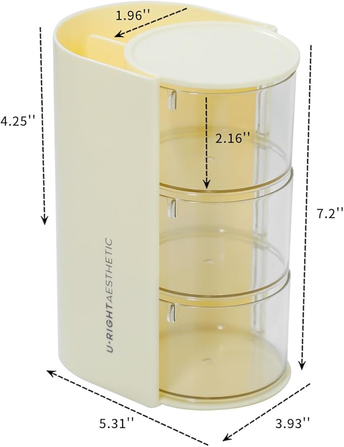 FABROK 3-Layer Clear Hair Accessories Organizer with Hair Brushes Holder, Rotatable Small Jewelry Box for Hair Clip Earring Necklaces, Desktop Organizer Case for Cotton Swab, Hair Accessories(Yellow)