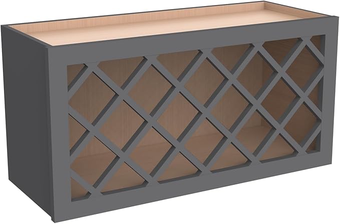 Solid Wood RTA Wine Bottle Rack Wall Cabinet with Lattice Panels Wine Holder Wine Storage Cabinet for Bar, Pantry, Wine Cellar Basement Countertop Mocha (Pebble Gray, 30”W × 12”D × 18”H)