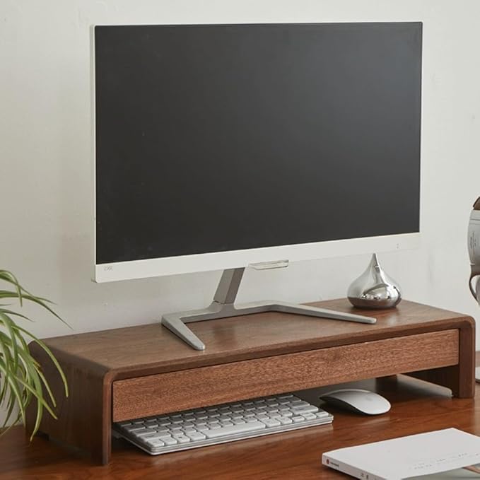 Solid Wood Monitor Stand for Saving Space, Monitor Riser with Storage, 2 Tier Computer Stand with Drawer, Multifunctional Desk Organizer for Home, Office(50cm-19.7in)