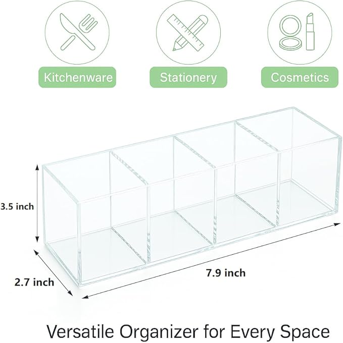 Clear Acrylic 4-Compartment Organizer Box, Small (7.9" × 2.7" × 3.5") – Handcrafted, Eco-Friendly, Minimal Packaging Compact Storage Organizer