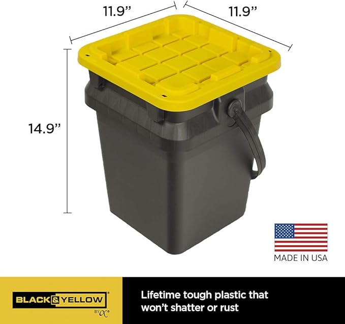 CX BLACK & YELLOW, 5-Gallon Heavy Duty Bucket Tough Storage Container & Snap-Tight Lid, (14.9H x 12W x 13D), Weather-Resistant Design and Stackable Organization Tote [6 Pack]