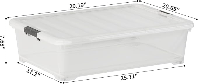 Xyskin 50 Quart Under-Bed Storage Container Organizer Bin with Latching Lids, Large Wheeled Storage Box for Garage, Closet, Clear, 3 Pack