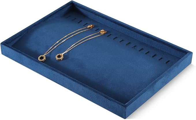 Velvet Jewelry Display Tray For Bracelet Pendant Necklace, Multi-Slot Stackable Storage Tray For Long Chain Jewelries, Drawer Insert Jewelry Organizer (Blue)
