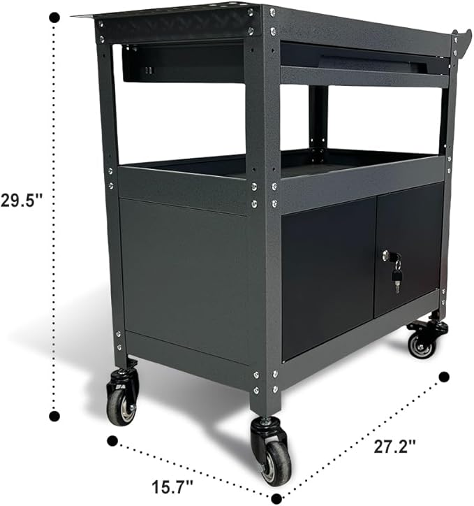 3 Tier Steel Rolling Cart for Tool Organizer, Industrial Grade Utility Service Carts with Drawer & Storage Lockable Cabinet, for Workshop Repair Shop Garage