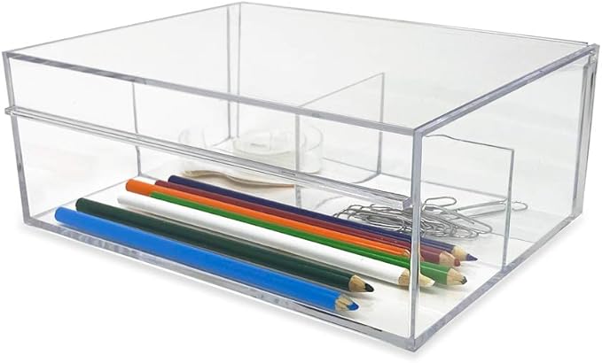 Isaac Jacobs 3-Compartment Clear Acrylic Organizer with Lid (6.7" L x 8.6" W x 3.4" H), Multi-Sectional Tray, Storage Solution for Makeup, School & Office Supplies (1 Large, 2 Medium)