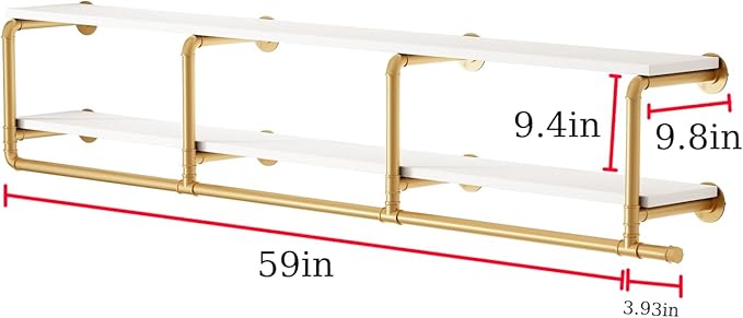 ORSENIGO Industrial Pipe Clothing Rack with Shelves, Gold Wall Mounted Clothes Rack for Home Retail
