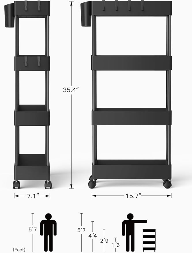 Pipishell Slim Storage Cart with Wheels, Bathroom Cart Organizer Bathroom Storage Small, Rolling Cart for Bathroom, Laundry Room, Kitchen, Narrow Space, Black PIUC05