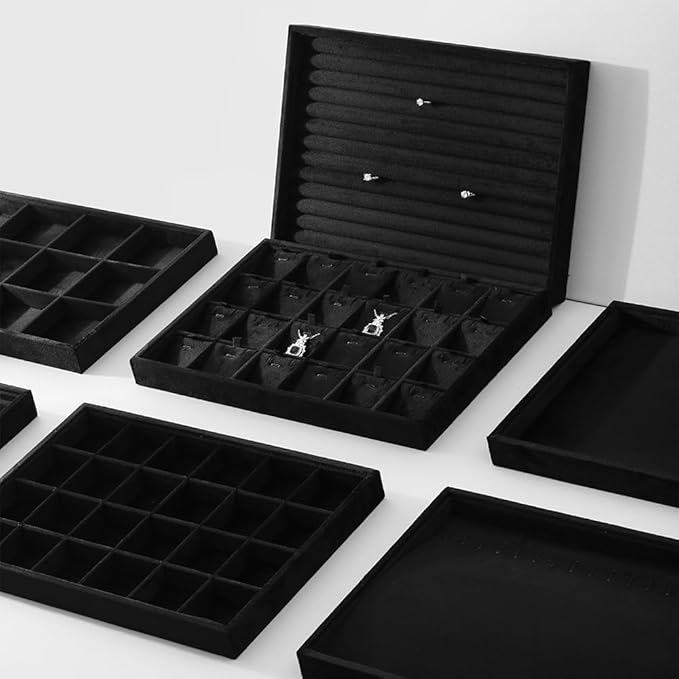 Velvet Stackable Jewelry Display Tray, 12 Grid Watch Bangle Bracelet Storage Tray, Makeup Drawer Insert Jewelry Shop Organizer Plate (Black)