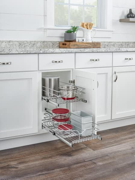 Rev-A-Shelf 2-Tier Kitchen Cabinet Pullout Shelf and Drawer Organizer Slide Out Pantry Storage Basket in Multiple Sizes, 12 x 18 In, 5WB2-1218CR-1