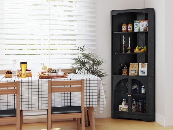 Mid-Century Modern 70" H Tall Coner Storage Cabinet with Doors & Adjustable Shelves, Wood Home Coner Pantry Hutch for Kitchen, Dining Living Room, Bathroom, Antique Dispaly (Black)