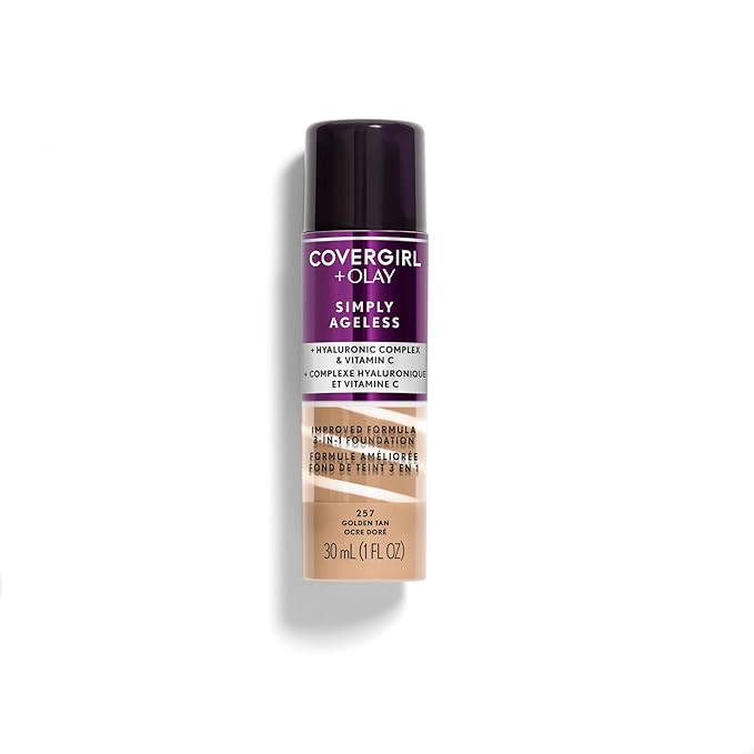COVERGIRL & Olay Simply Ageless 3-in-1 Liquid Foundation, Matte Finish, Hyaluronic & Vitamin C Formula, 257 Golden Tan, 1 Count