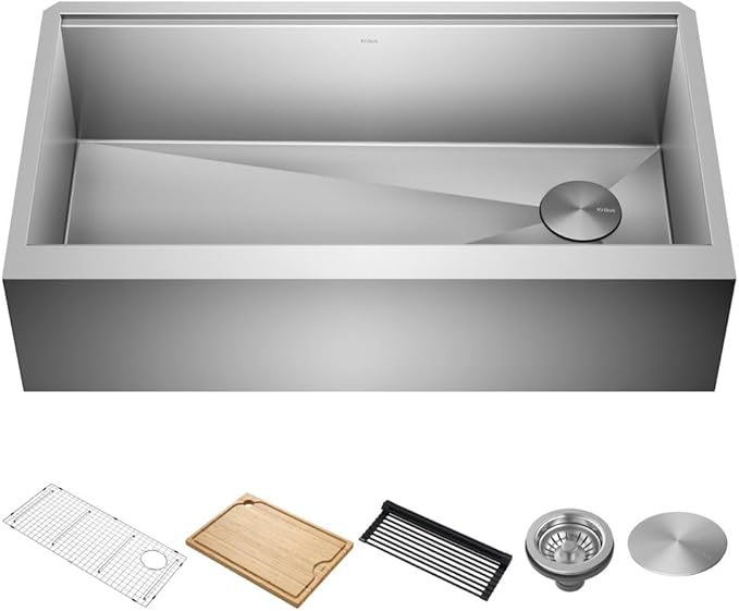 KRAUS Kore 36-Inch Modern Farmhouse Workstation 16 Gauge Single Bowl Stainless Steel Kitchen Sink with Accessories, KWF410-36