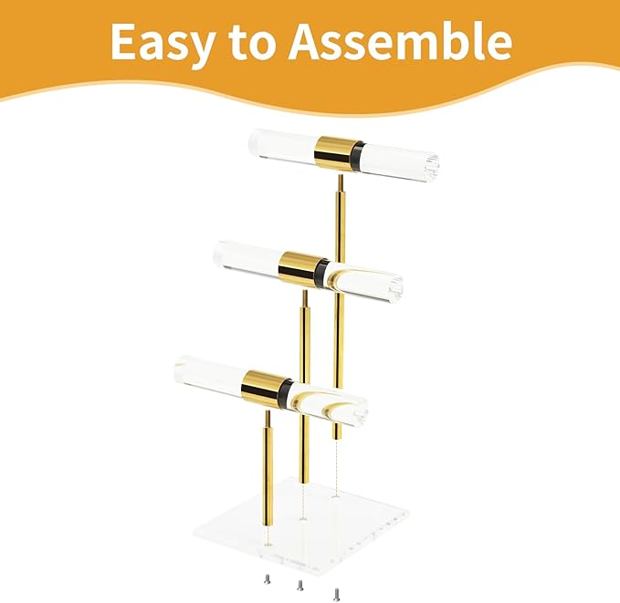 T-Bar Tangle-free Necklace and Jewelry Display Stands, 3-Tier Acrylic Bracelet Holder Stand, Clear Gold Jewelry Organizer with Stainless Rod, Women Vendors Retail Store Counter Bangles Display Stand