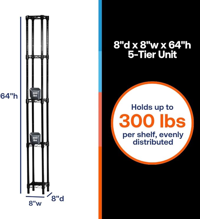 Shelving Inc. 8" d x 8" w x 64" h Black Wire Shelving with 5 Tier Shelves, Weight Capacity 300lbs Per Shelf