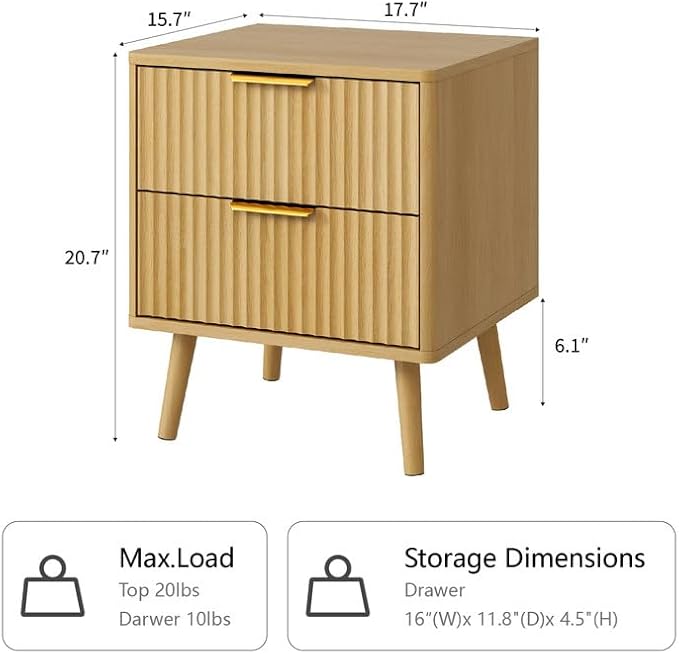 CARPETNAL Fluted Nightstand, Oak Bedside Table with 2 Drawers and Gold Handles, Wood End Table Mid Century Night Stands for Bedroom Living Room
