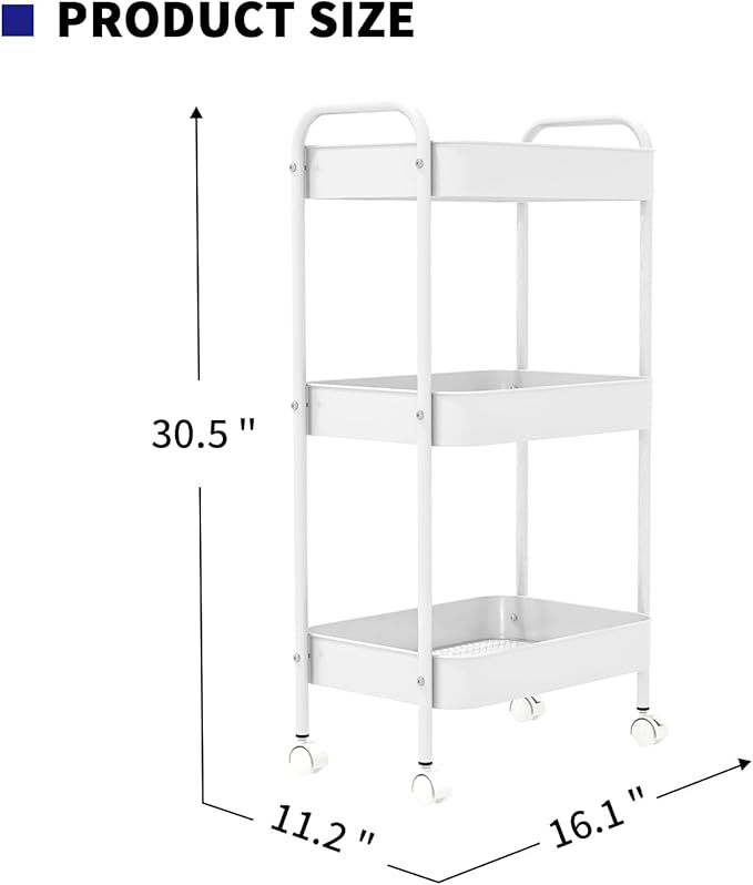 3-Tier Metal Utility Rolling Cart, Multi-Functional Storage Trolley for Office, Living Room, Kitchen, Movable Storage Organizer with Wheels, White