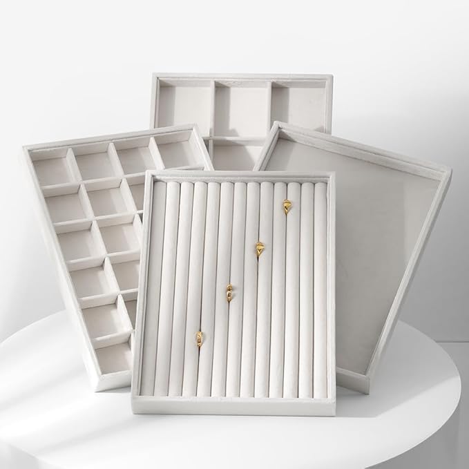 Velvet Ring Display Tray, Stackable Muilt Slot Rings Ear Stud Storage Tray, Drawer Insert Jewelry Accessories Organizers Plate (White)