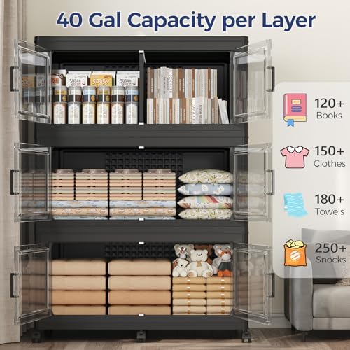 120Gal Stackable Storage Bins with Lid, 480Qt Extra Large Collapsible Storage Box with Wheels, Dividers, Folding Plastic Cabinet Closet Organizers for Home Kitchen Office Dorm, 3Pack Black