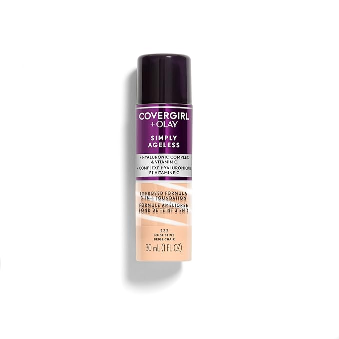 COVERGIRL & Olay Simply Ageless 3-in-1 Liquid Foundation, Matte Finish, Hyaluronic & Vitamin C Formula, 232 Nude Beige, 1 Count