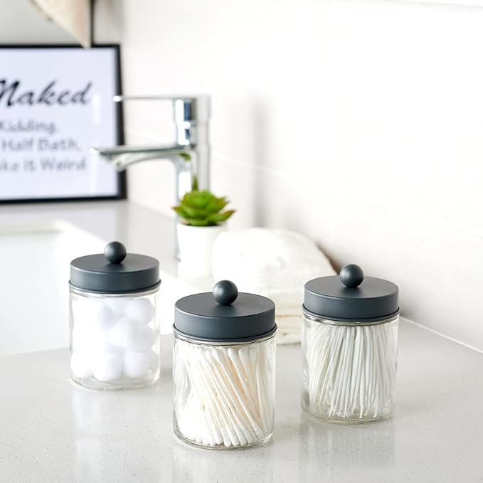 Amolliar 6Pc Apothecary Jars Bathroom Vanity Organizer- Rustic Farmhouse Decor Storage Canister with Stainless Steel Lids- Qtip Dispenser Holder for Q-Tips,Cotton Swabs,Rounds,Ball,Flossers (Grey)
