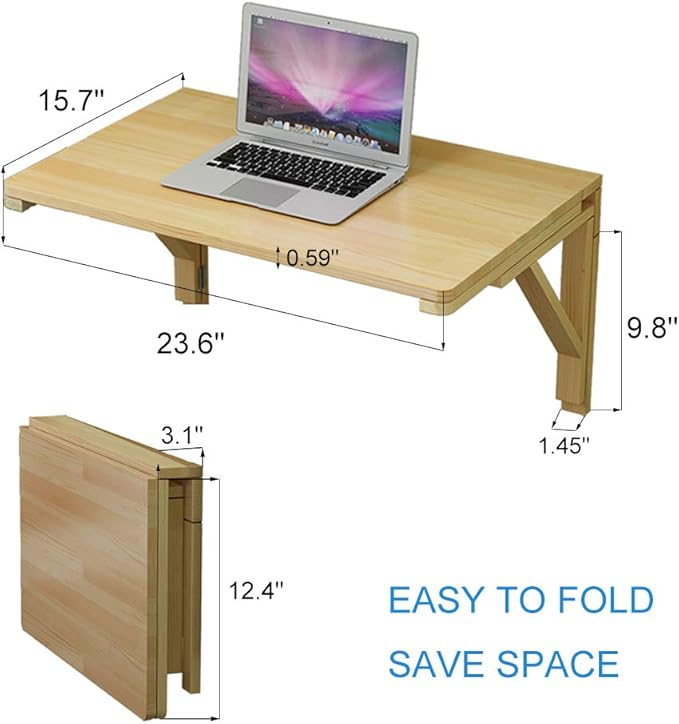 MM MELISEN Solid Wood Wall-Mounted Folding Table in Natural, 23.6" D x 15.7" W. A Space-Saving fold-Down Desk, Ideal for Laundry Rooms, Kitchens, Home Offices, or as a Kids' Study Desk