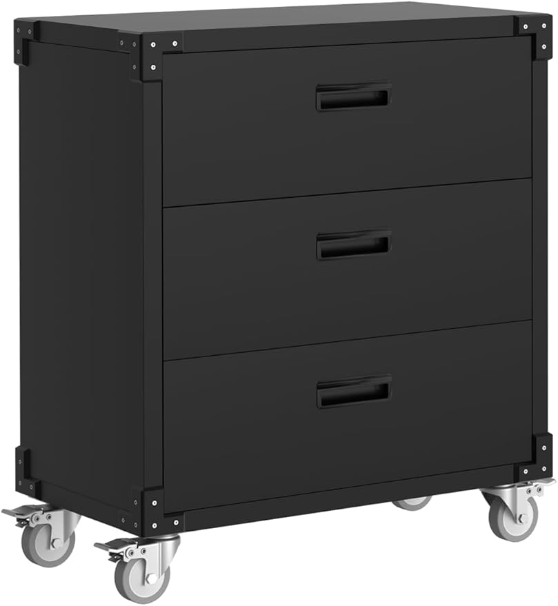 3-Drawer Rolling Tool Cabinet, Heavy Duty Metal Storage Cabinet on Wheels, Mobile Tool Chest Cart for Garage, Workshop, Warehouse, Office, Basement, Black, 31.5"W x 16.5"D x 35.4"H, Assembly Required