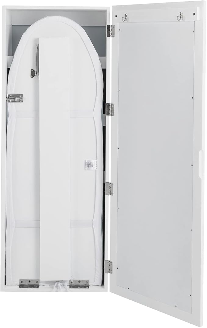 Wall Mounted Ironing Board Cabinet, Built-in Foldable Ironing Board & Folding Support Leg, Wall Ironing Boards with Mirror and 2 Hooks for Home, Apartment & Small Spaces