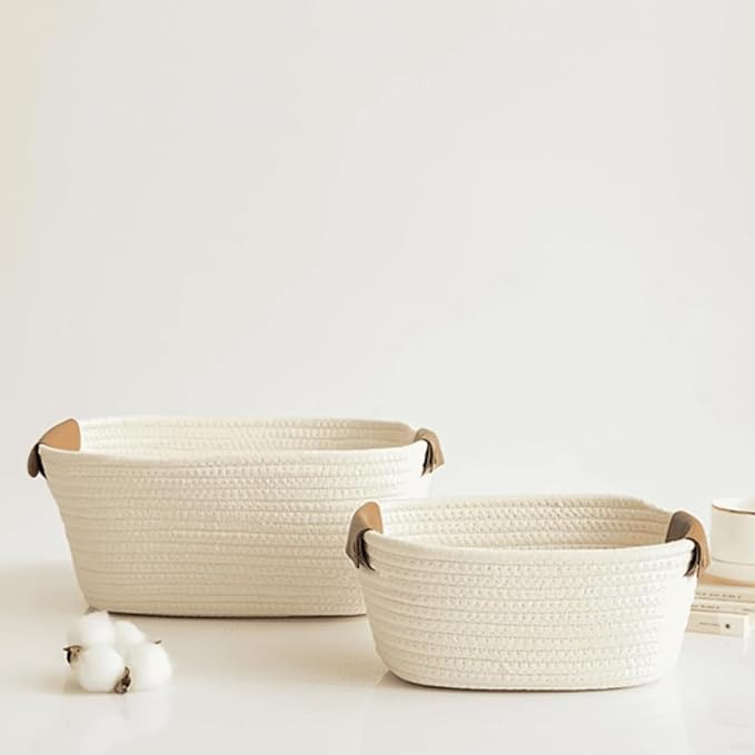 Small Cotton Woven Basket with PU Leather Handle, Baby Kids Clothes Toys Candy Gifts Cotton Rope Organizer, Living Room Basket Bathroom Shower Storage Laundry Basket, Dog Cat Bed, Cute Decor, Pink
