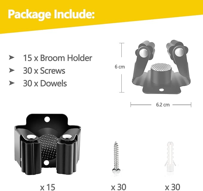 Verdenu 15 Pack Broom Holder Wall Mount, Mop and Broom Holder Wall Mount, Stainless Steel Command Mop Hanger with Screws, Garden Tool Storage Organizer for Kitchen, Home, Bathroom, Garage, Black