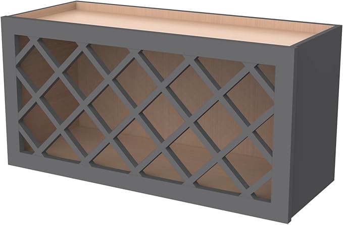 Solid Wood RTA Wine Bottle Rack Wall Cabinet with Lattice Panels - Wine Storage for Bar, Pantry, Cellar & Countertop - Mocha (Pebble Gray, 30'W 12'D 15'H)