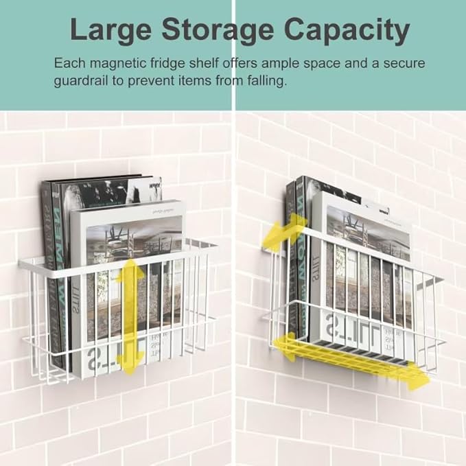 Magnetic Refrigerator Baskets, Fridge Spice Rack Organizer with Hooks, Strong Magnet Metal Hanging Wire Storage Basket Storage Bin Box Container for Pegboard /Refrigerator/Whiteboard/Locker-White