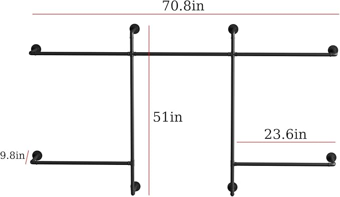 Industrial Pipe Clothing Racks with 5 Hanging Rods, Industrial Clothes Racks Wall Mounted, Heavy Duty Black Pipe Clothing Rack, Metal Closet Rods for Hanging Clothes