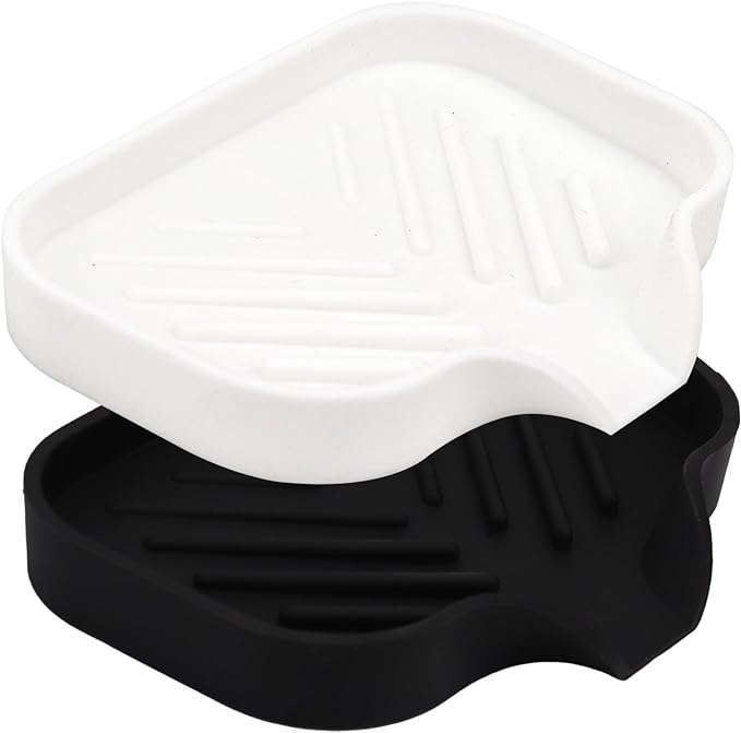 Yasmen Silicone Bathroom Soap Dishes, Sink Sponge Holder for Kitchen, 2Pcs Rubber Soap Dish with Drain, Shower Soap Sponge Tray, Sink or Counter Organizer for Bar Soap, Dish Soap Dispenser-Black/White