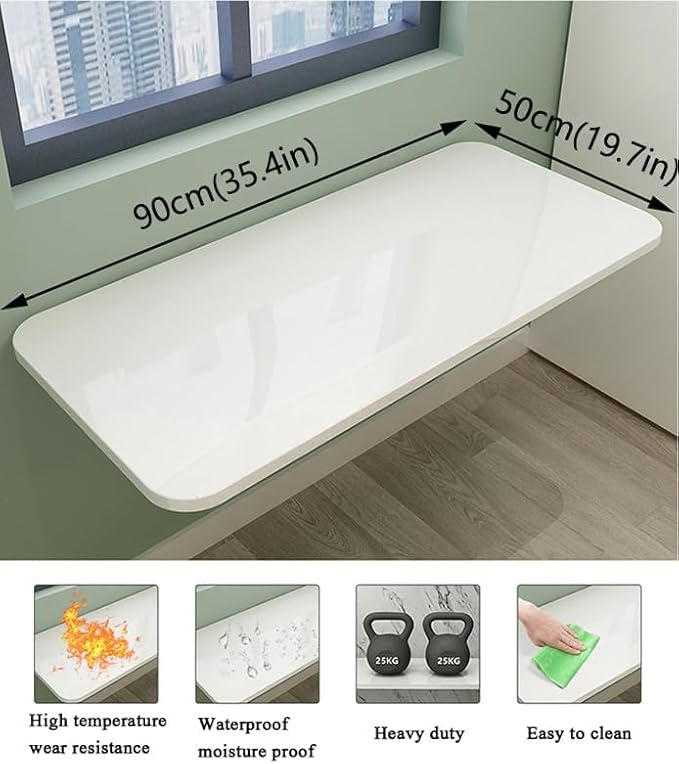Wall Mounted Folding Table,White Floating Desk for Small Spaces,Stainless Steel Bracket Laundry Folding Table,Wall Folding Desk,Home Bars and Dining Establishments(90x50cm/35.4"×19.7")