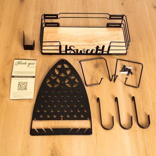 Farmhouse Ironing Board Hanger Wall Mount or Over the Door - Universal Laundry Room Ironing Board Holder Caddy with Iron Holder Shelf-Adjustable Hooks to Hold Ironing Boards Large & Small - Black