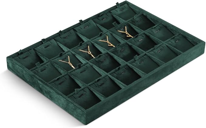 Velvet Necklace Display Tray, Stackable 24 Grid Insert Pendant Necklaces Storage Holder Plate, Jewelry Retail Countertop Organizer (Green)