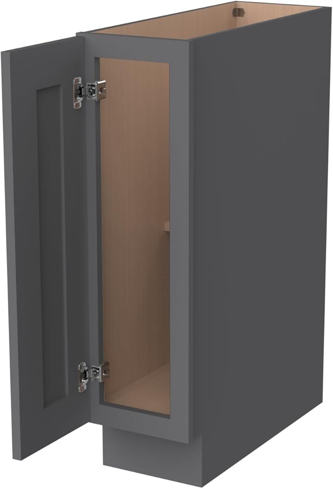 Solid Wood RTA Tray Base Cabinet with Full Height Door & Adjustable Shelf – Shaker Style Kitchen Storage Organizer, Durable Plywood Construction, Easy Assembly 9”W x 24”D x 34.5”H (Pebble Gray)