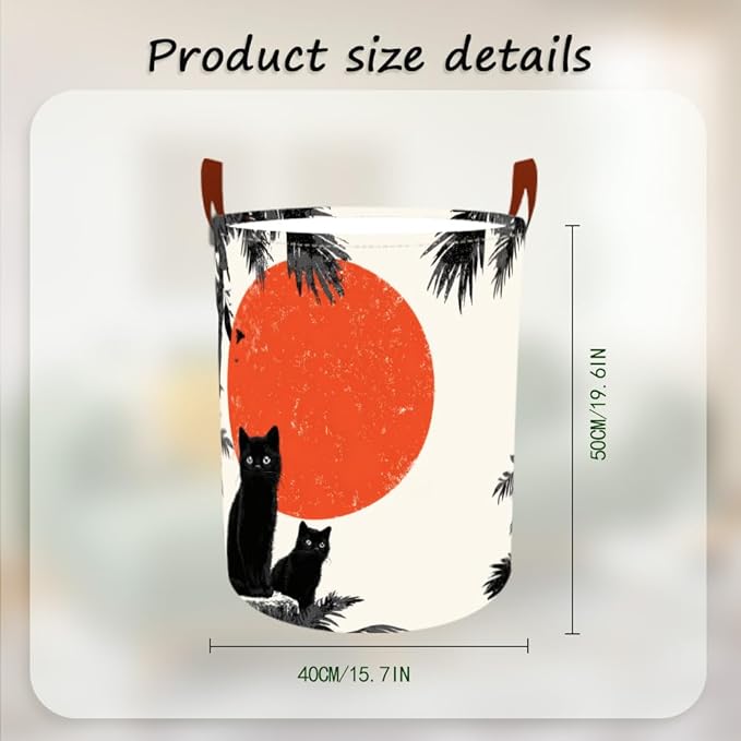 Laundry Baskets 15.7x19.7 Inch Large Black Cat Red Sun Jungle Design Collapsible Laundry Hamper with Handles Oxford Fabric Clothes Storage Bin Foldable Dirty Clothes for Bedroom Bathroom Dorm