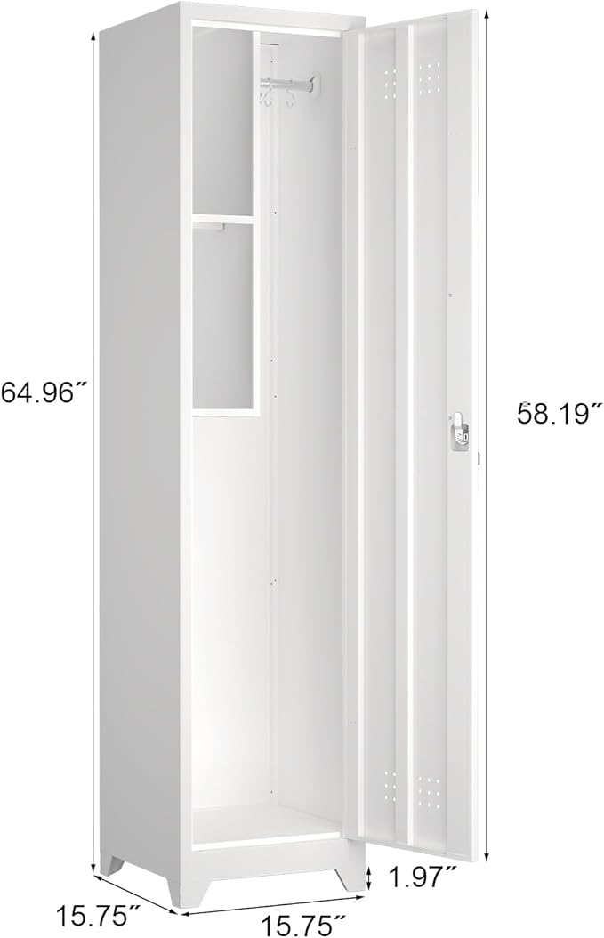 Slim Broom Storage Cabinets, Metal Cabinet with Shelves and Hanging Rod, 65" Utility Storage Cabinet with Locking Door, Tall Cleaning Cabinets for Kitchen, Pantry, Office, Shop, Garage