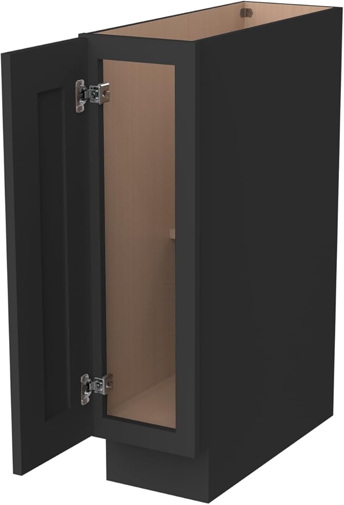 Solid Wood RTA Tray Base Cabinet with Full Height Door & Adjustable Shelf – Shaker Style Kitchen Storage Organizer, Durable Plywood Construction, Easy Assembly 9”W x 24”D x 34.5”H (Charcoal Black)