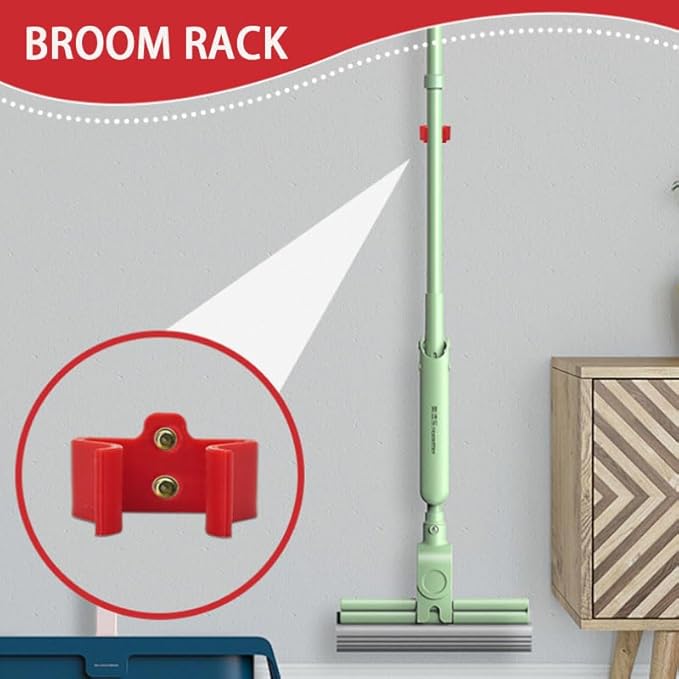 Wall Mounted Plastic Mop and Broom Holder, Red, Storage Organization Rack for Cleaning Tools