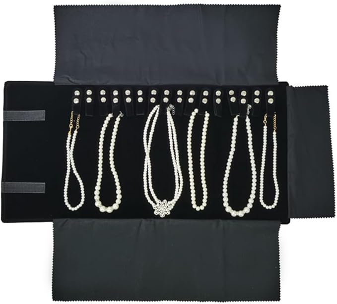 Velet Travel Jewelry Case Roll Bag Organizer for Necklace Bracelet Black Gray Velvet (Black Velvet)