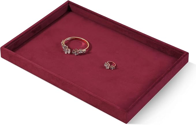 Velvet Stackable Jewelry Display Flat Tray For Ring Earring Necklace Bracelet, Bangle Pendant Storage Blank Plate, Shop Countertop Jewelry Dish Organizer (Red)