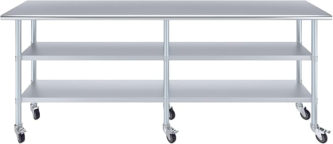 AmGood Stainless Steel Work Table with 2 Shelves and Casters | Metal Utility Table On Wheels (Stainless Steel, 96" Long x 18" Deep)