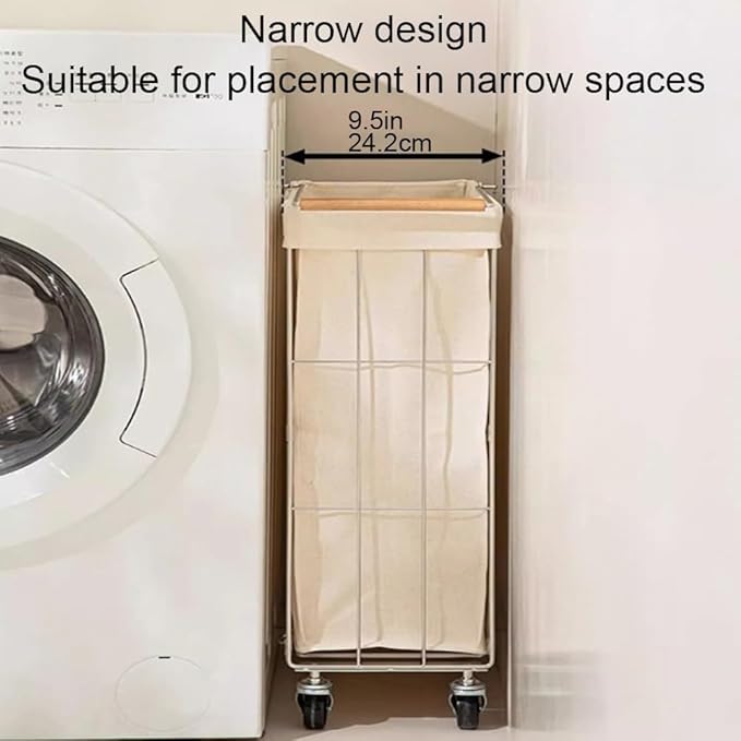 Rolling Laundry Cart with Baskets, Stainless Steel Hamper with Wheels, Slim Laundry Basket Organizer, Foldable Rolling Hamper for Bathroom and Living Room