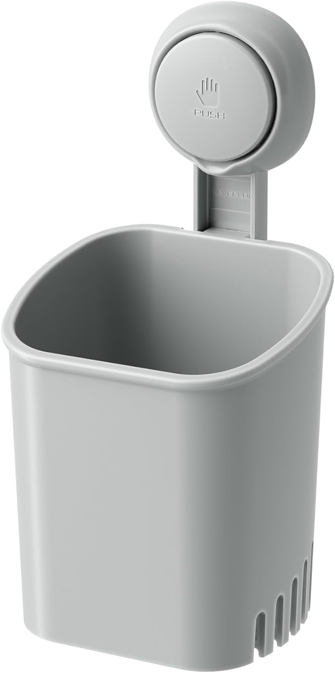 LEVERLOC Powerful Suction Cup Toothbrush Holder, Drill-Free Wall Shower Holder for Toothbrush, Toothpaste, Razor, Removable Suction Cup in Shower, Self-draining Kitchen Tableware Organizer, Gray