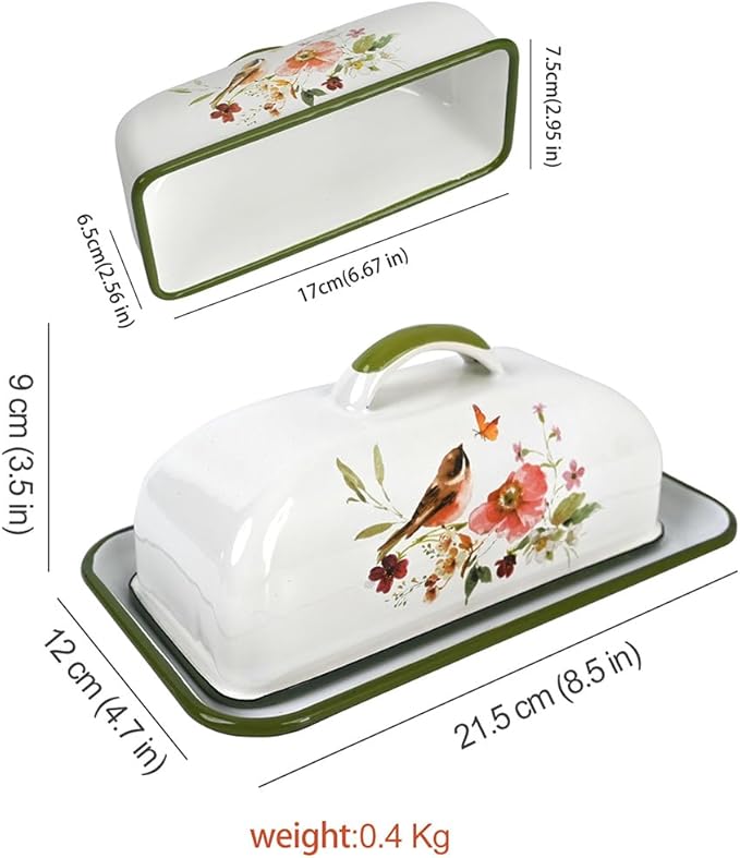 Enameled Farmhouse Vintage Butter Dish with Lid, 7.5 Inch Durable Kitchen Food Storage Container Rust-Resistant Refrigerator Safe,Vintage Decorative Design Kitchenware for Countertop