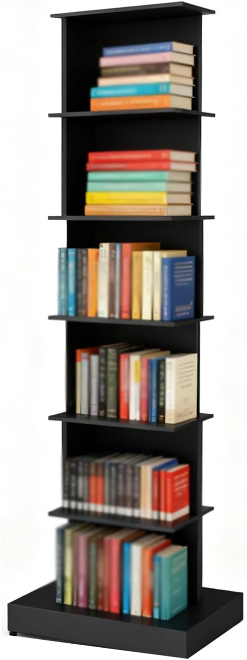 Invisible Vertical Spine Bookshelf Tower,Tall Narrow Metal Bookshelf for Small Space,Corner Floor Standing Book Organizers for Living Room, Office, Entryway(6 Tier, Black)