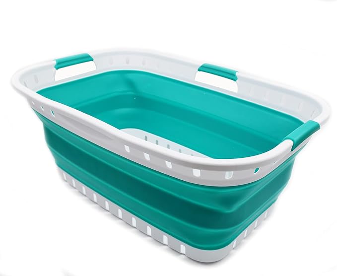 SAMMART 44L Collapsible Plastic Laundry Basket - Foldable Pop Up Storage Container/Organizer - Portable Washing Tub - (1, White/Bluish-Green), Size : 25.4 x 17.3 x 10.2 inches