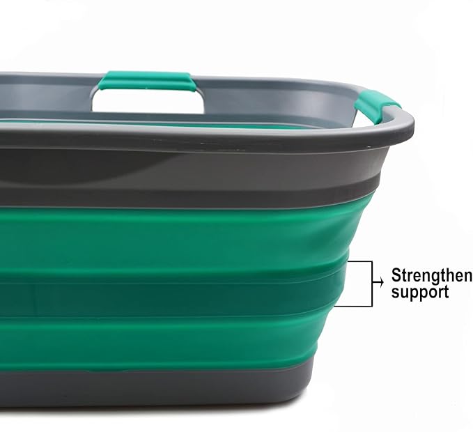 SAMMART 30L (8 gallon) Collapsible Plastic Laundry Basket - Foldable Pop Up Storage Container - Portable Washing Tub - Space Saving Hamper- Water Capacity 24L(6.3 gallon) (1, Dark Grey/Bluish-Green)